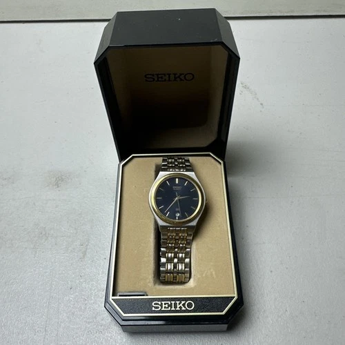 Vintage Men's SEIKO Two-Tone Classic Bracelet Watch 36mm Drk Blue Dial 5Y22-7039