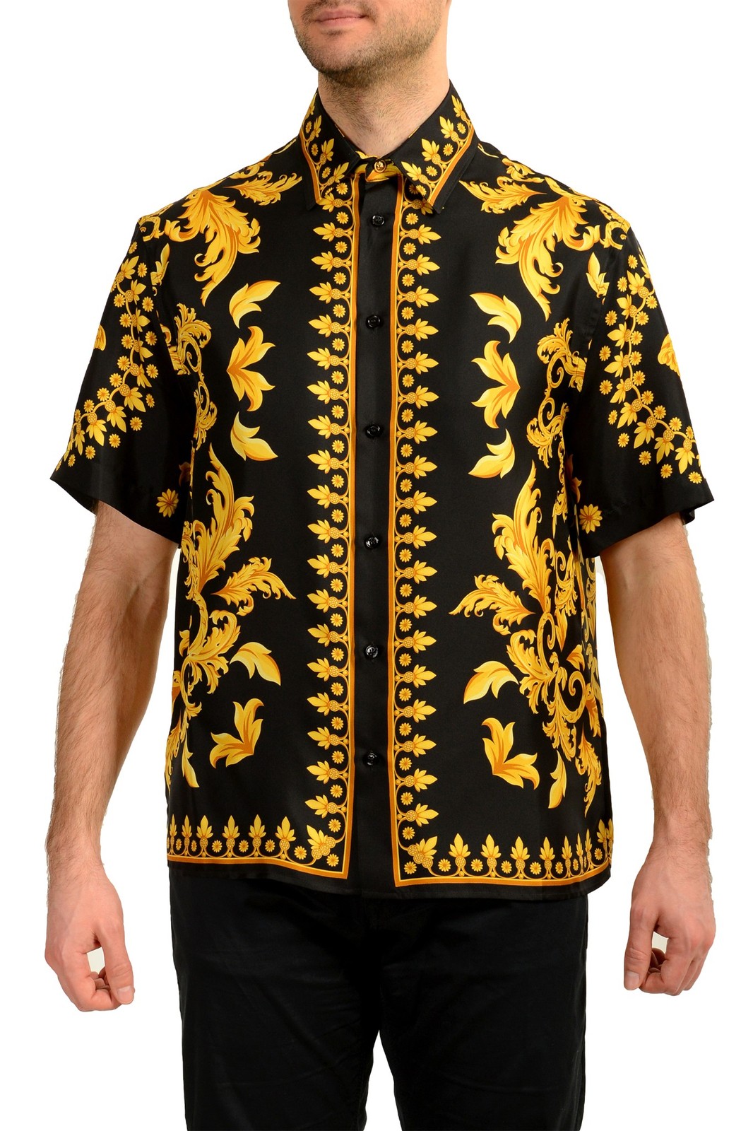Versace Men's Signature Print Black - Gold Short Sleeve Shirt US L IT 52
