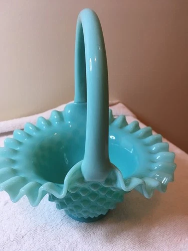 Vintage Fenton 1950s Turquoise Hobnail Glass Basket