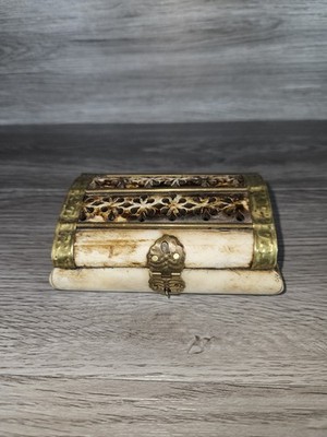 Vintage Kamelknochen Messing Intarsien Schmuck Schmuckkästchen Samt gefüttert innen