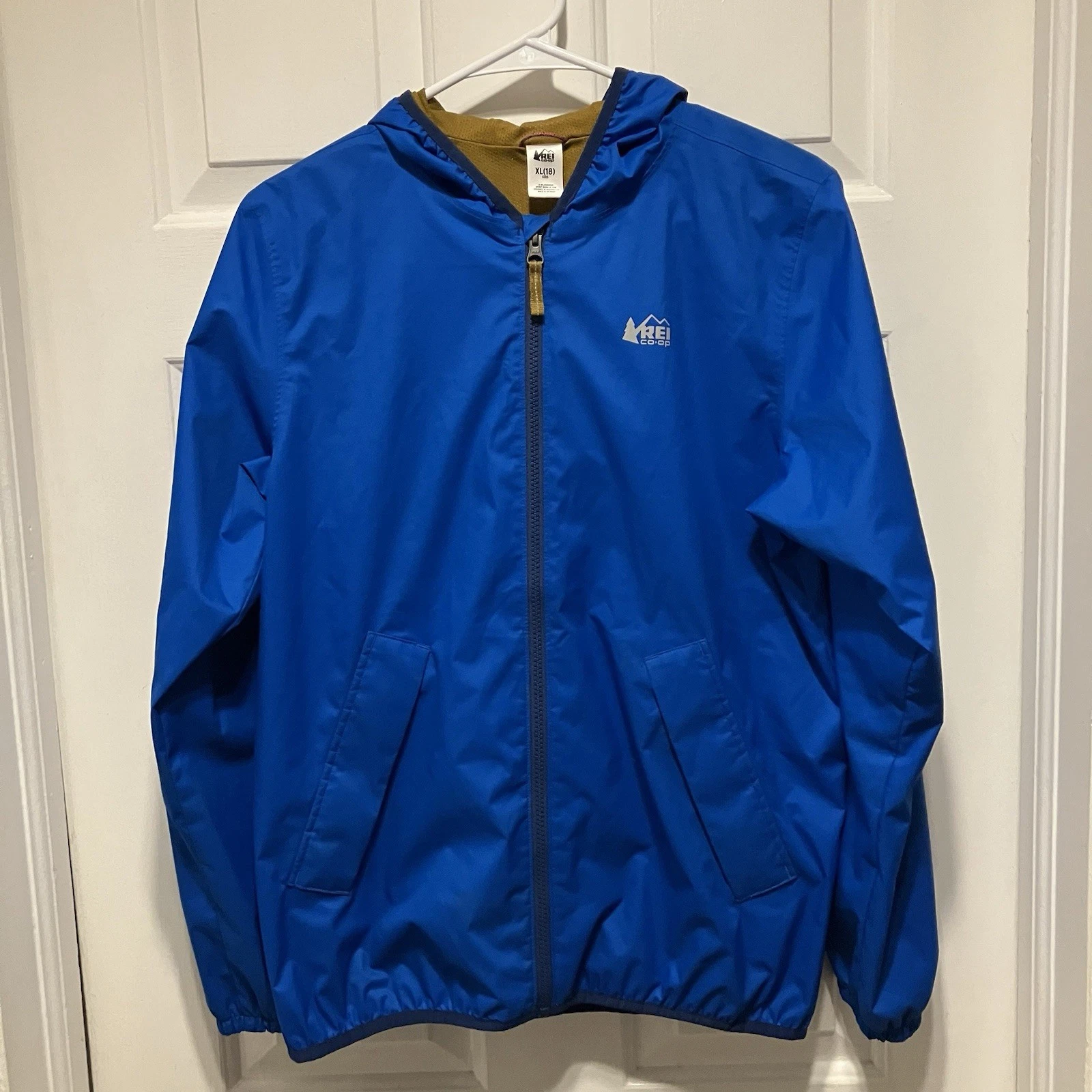 REI Co-Op Kids Youth XL 18 boy Hooded Pockets Full Zip Blue Jacket rain hike GUC