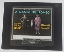 A RAMBLING ROMEO (1922) diapositive en verre de film NEAL BURNS-HELEN DARLING très bon état
