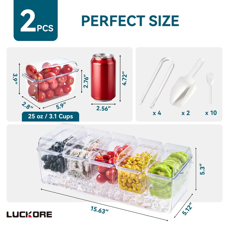 2 Pack Chilled Condiment Tray Server with 5 Containers and Removable Compartm... - Image 2 of 4