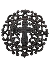 Comfy Hour 9" Cast Iron Trivet – Round Cross Design, Black, Vintage Style