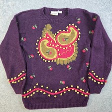 Vintage Knit Sweater Womens S Purple Paisley Floral Grandma Heavy Cotton 80s