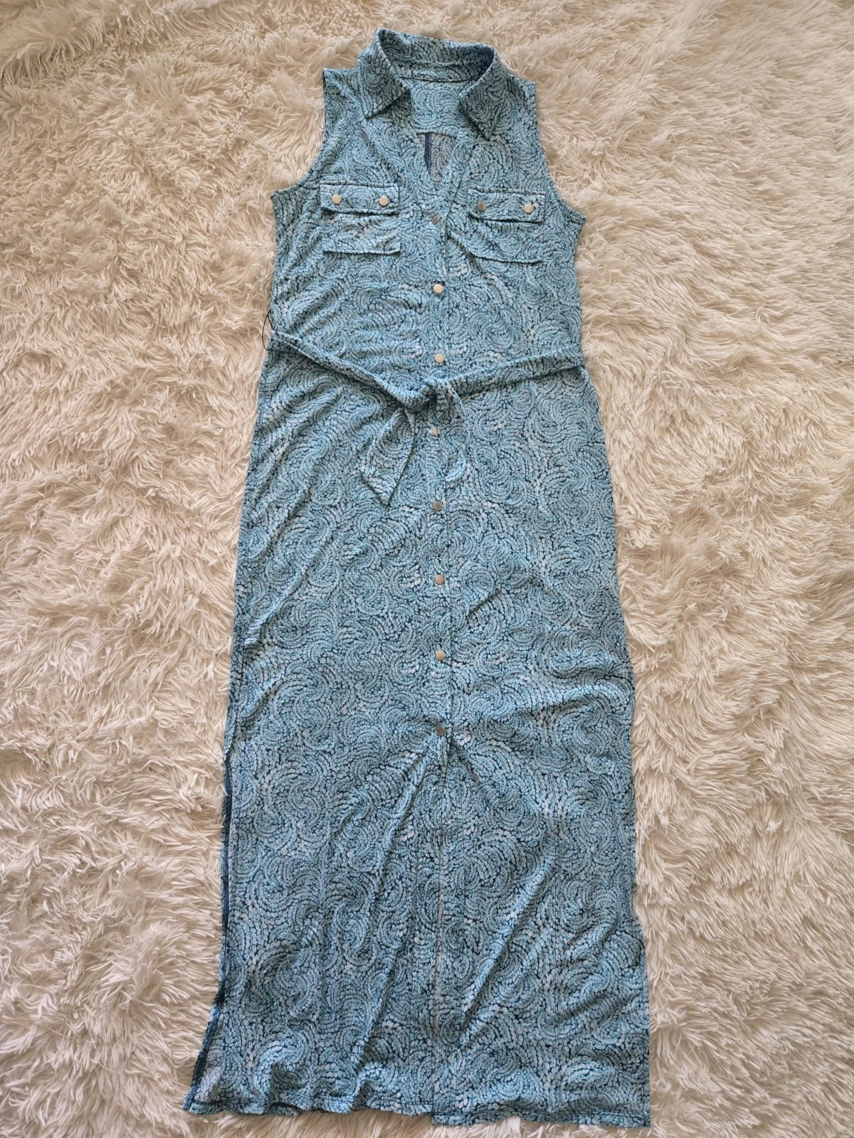 Maxi camicia donna Michael Kors stampa turchese con cintura senza maniche tasche