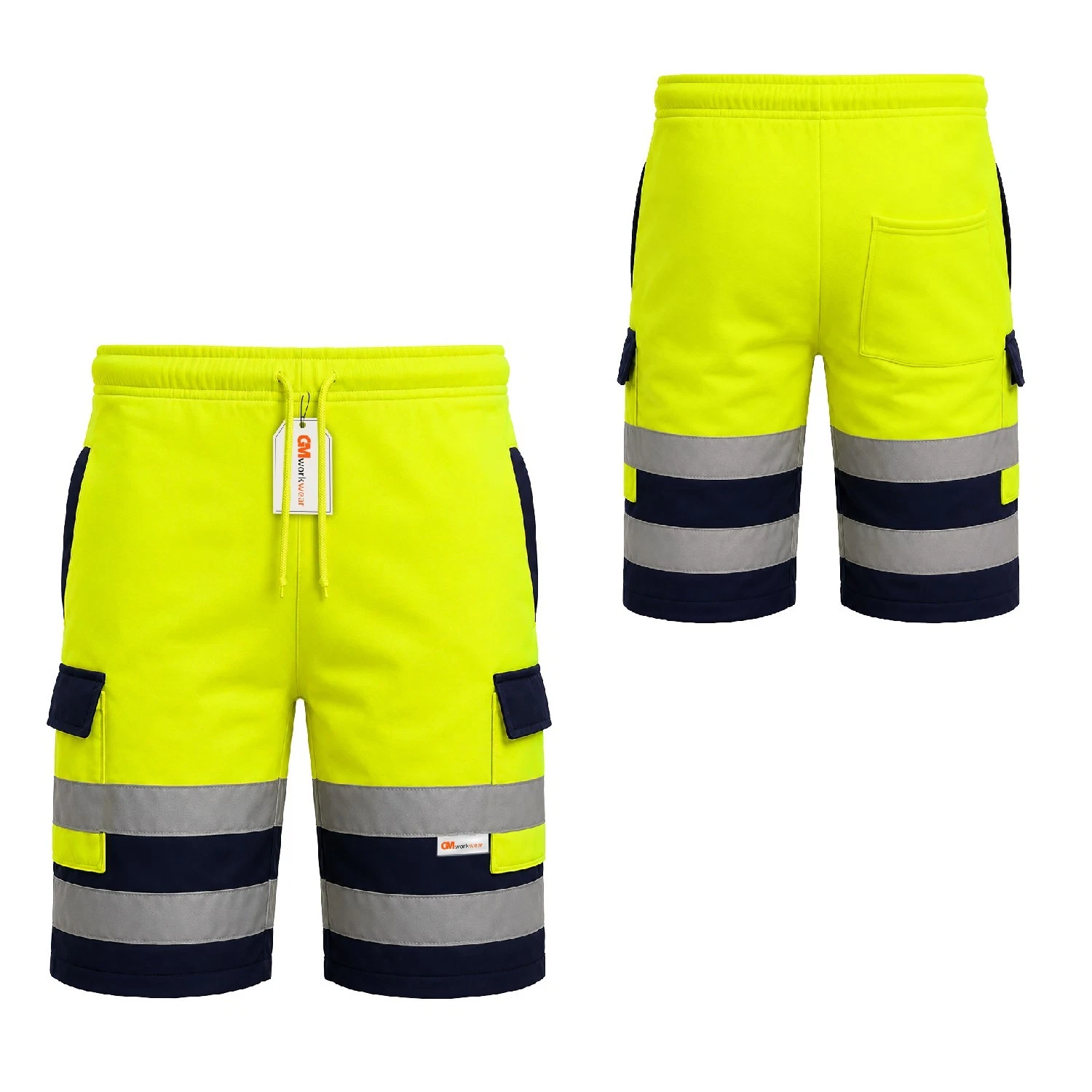 Yellow and navy reflective cargo shorts front and back
