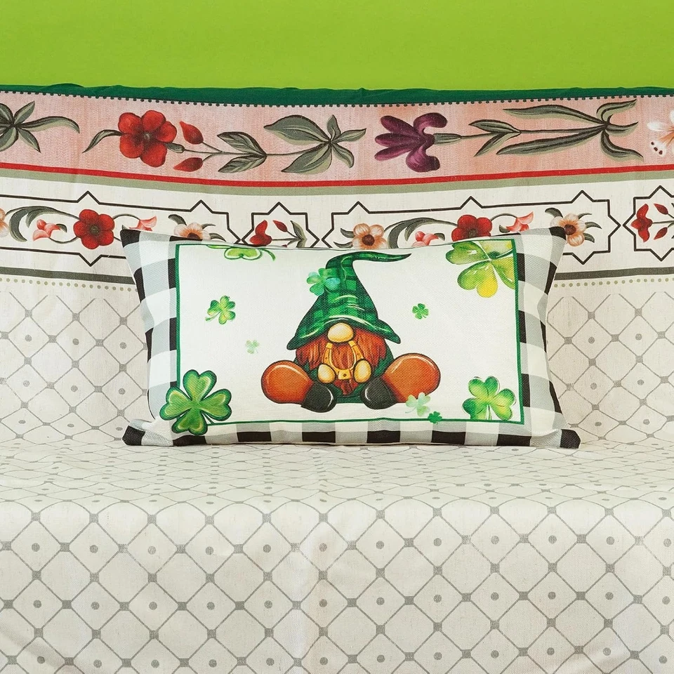 St Patricks Day Lumbar Pillow Cover 12X20 Buffalo Plaid Shamrock Clover Lucky De - Image 3 of 4
