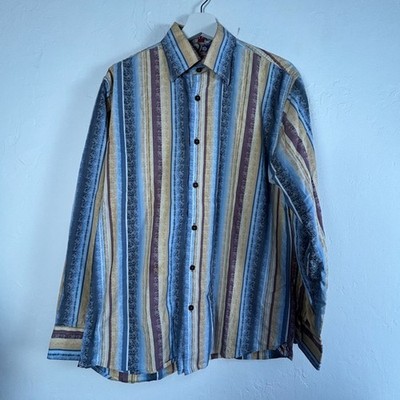 Luchiano Visconti Mens Striped Long Sleeve Button Up Shirt Medium 2 Ply Cotton