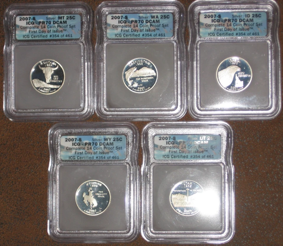 2007 S Silver Proof Quarter set ICG Grade PR70 DCAM PF First Day Issue WA WY Lot - Image 2 of 4