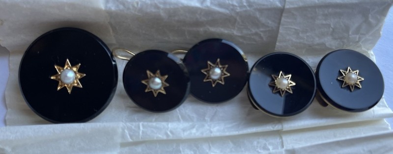 Antique Late Victorian Onyx Gold Star Pearl Brooch Pendant Earring Cuff Link Set