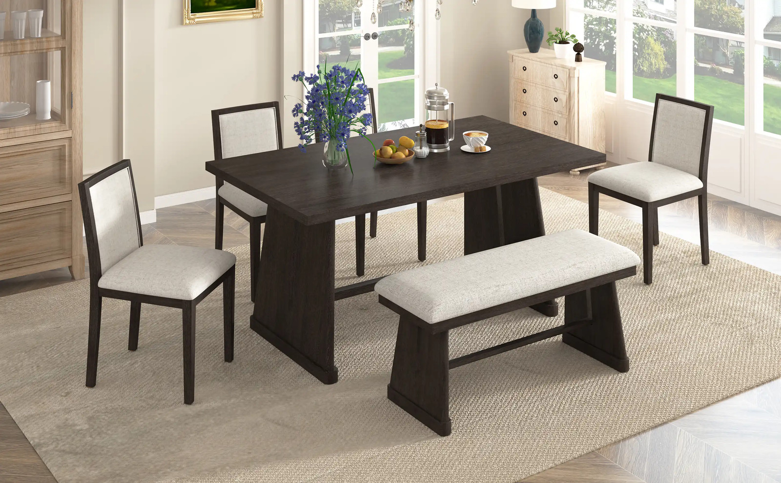 TREXM 6-Piece Rustic Farmhouse Dining Table Set with Wire Brushed Design, Rectangular Dining Table with Trapezoid Legs, 4 Upholstered Linen Chairs & 1 Padded Bench for Dining Room & Kitchen (Espresso)