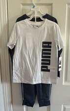 Puma Kids 3 Piece Set Boys Size 5 Raglan Blue Grey Shirt Pants Logo Outfit NWT