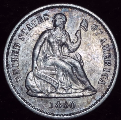 1860 Seated Liberty Half Dime Ch AU with Smooth Surfaces and Original Patina