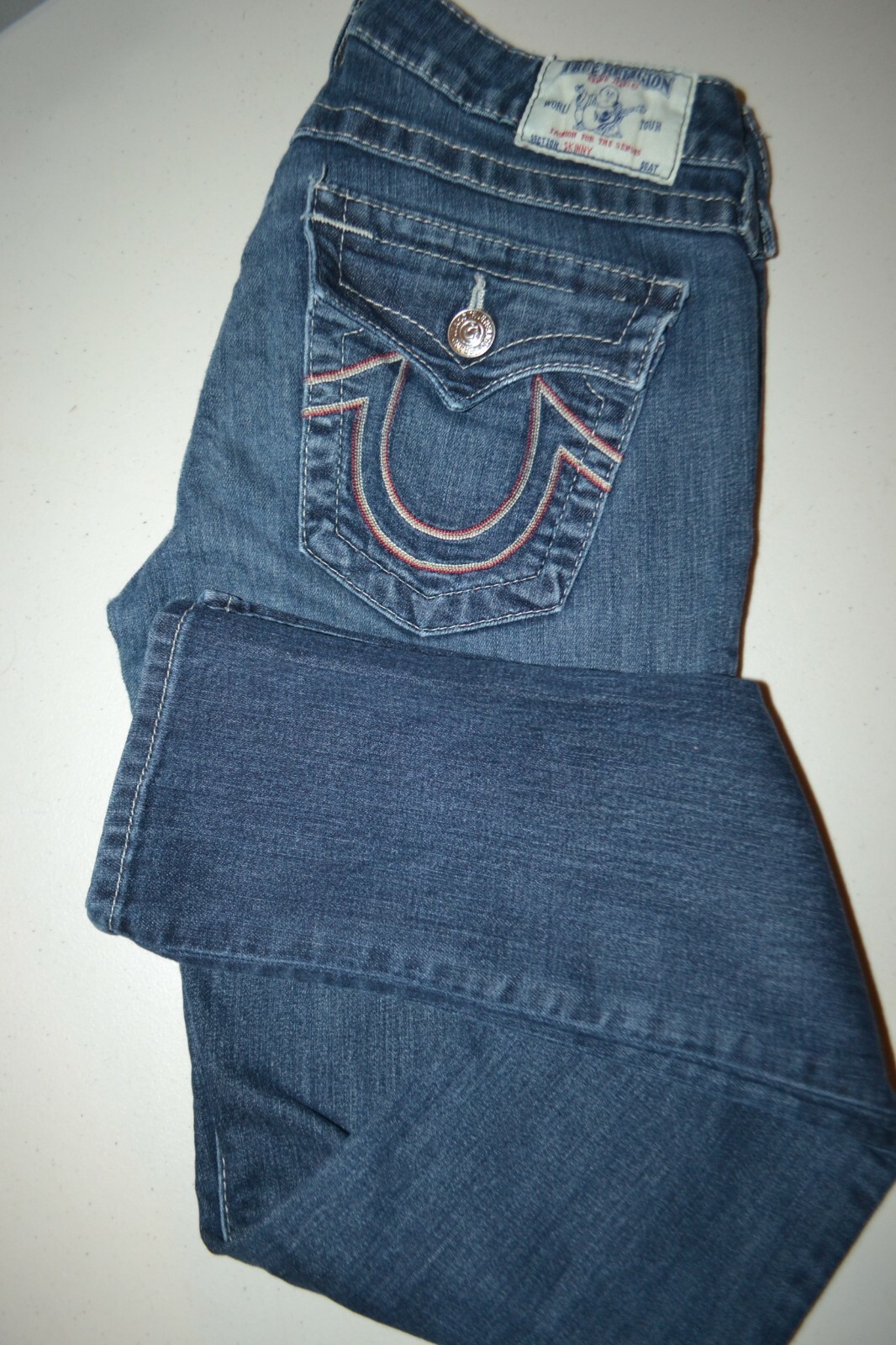 True Religion Women's Skinny Embellished Pocket Flaps Blue Denim Jeans Sz 29x32