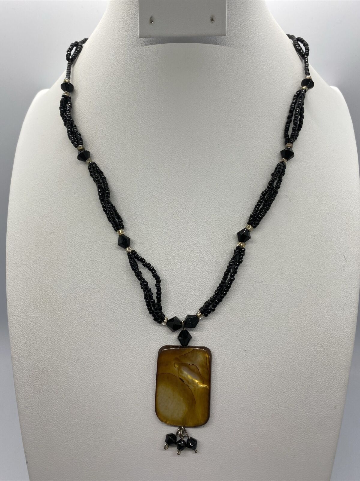 Multistrand Black Bead Necklace With Rectangle Go… - image 2