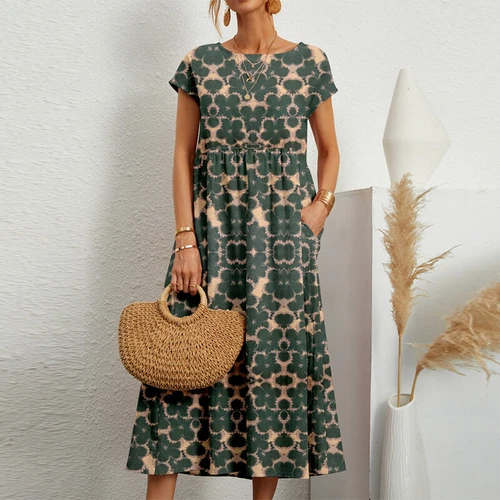 Women Long Dress Short Sleeve Maxi Dresses Ladies Casual Crew Neck - Picture 9 of 28