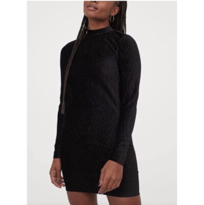 H&M Black Divided Crinkled Velour Dress, M