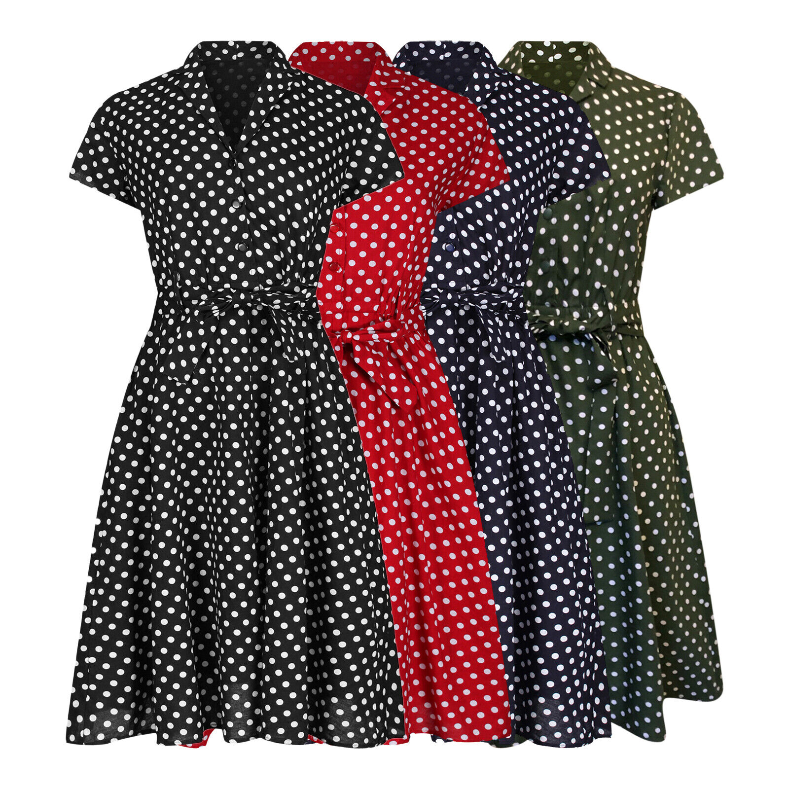 1940 WW2 LANDGIRL VINTAGE STYLE POLKA DOT BELTED SHIRT DRESS