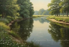 RIVER LANDSCAPE ART PRINT, Lake Forest Wall Decor, Tree Nature Outdoor Poster