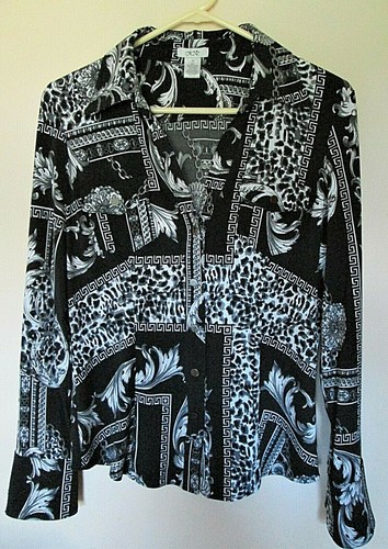 Blusa CACHE Snaps Mediana Negra Gris Plata Leopardo Estampado Griego Mangas Largas Top - Imagen 1 de 6