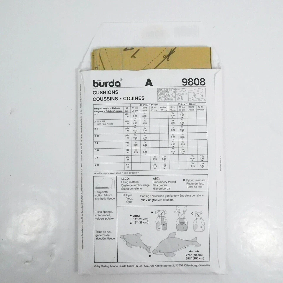 Burda 9808 Cushions Sewing Pattern Uncut Dolphin Bunny Bear Dog - Image 3 of 4