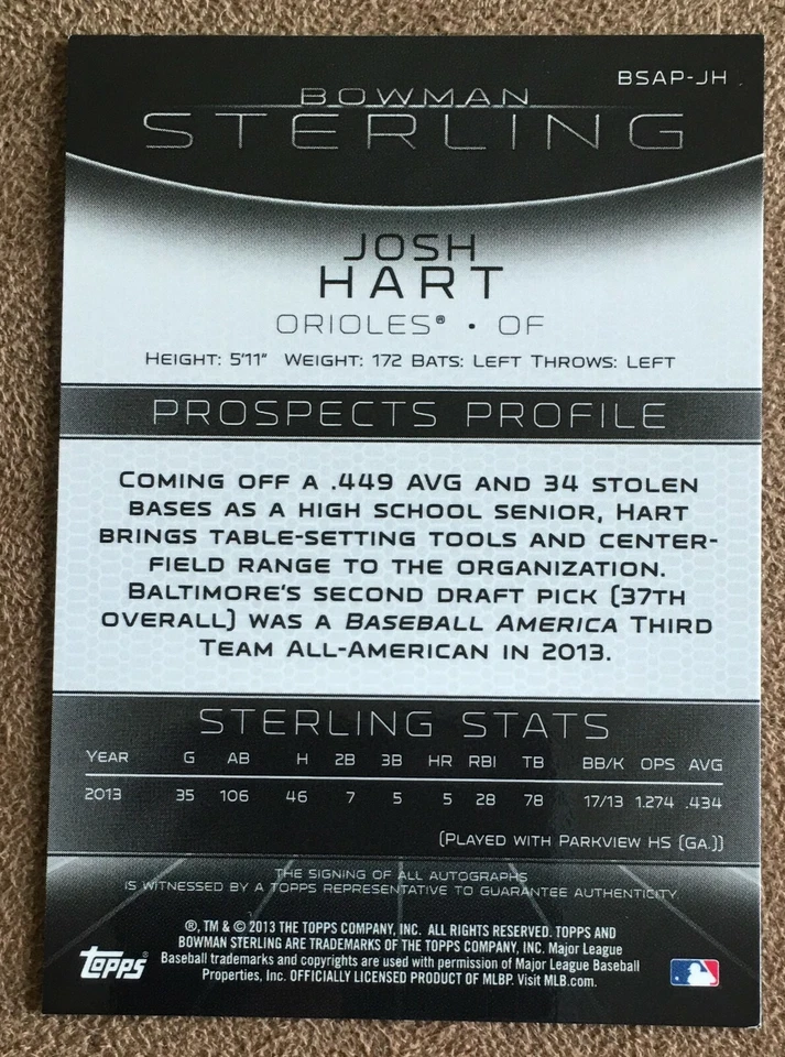 Josh Hart 2013 Bowman Sterling Prospect Autograph #BSAP-JH Orioles Topps Rookie  - Image 2 of 2