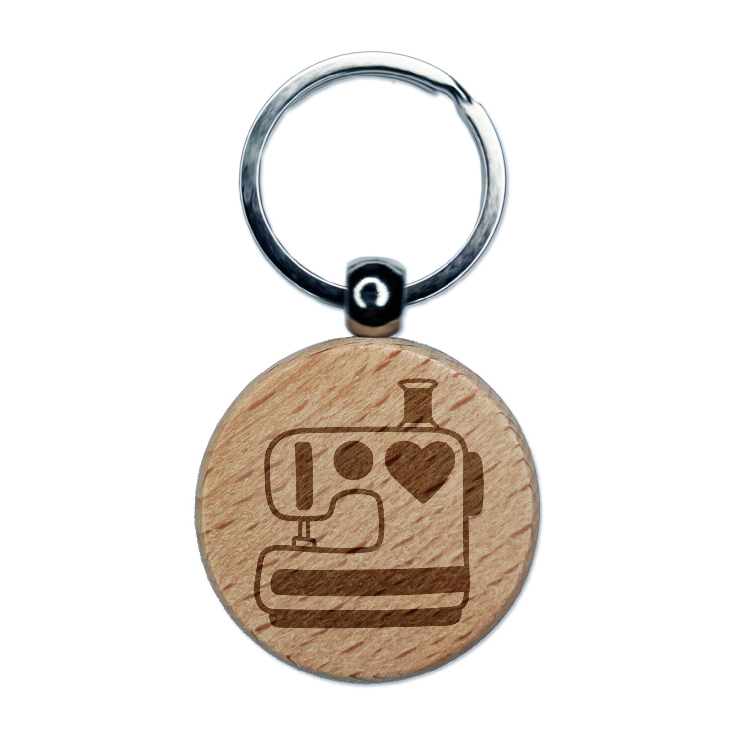 Sewing Machine with Heart Engraved Wood Round Keychain Tag Charm