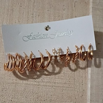 Fashion Jewelry Gold Tone Pearl Hoop Earrings Set Round White Pearls