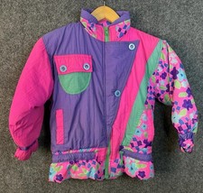 Vintage 80s 90s Color Block Pink Purple Puffer Jacket Girls Size 6