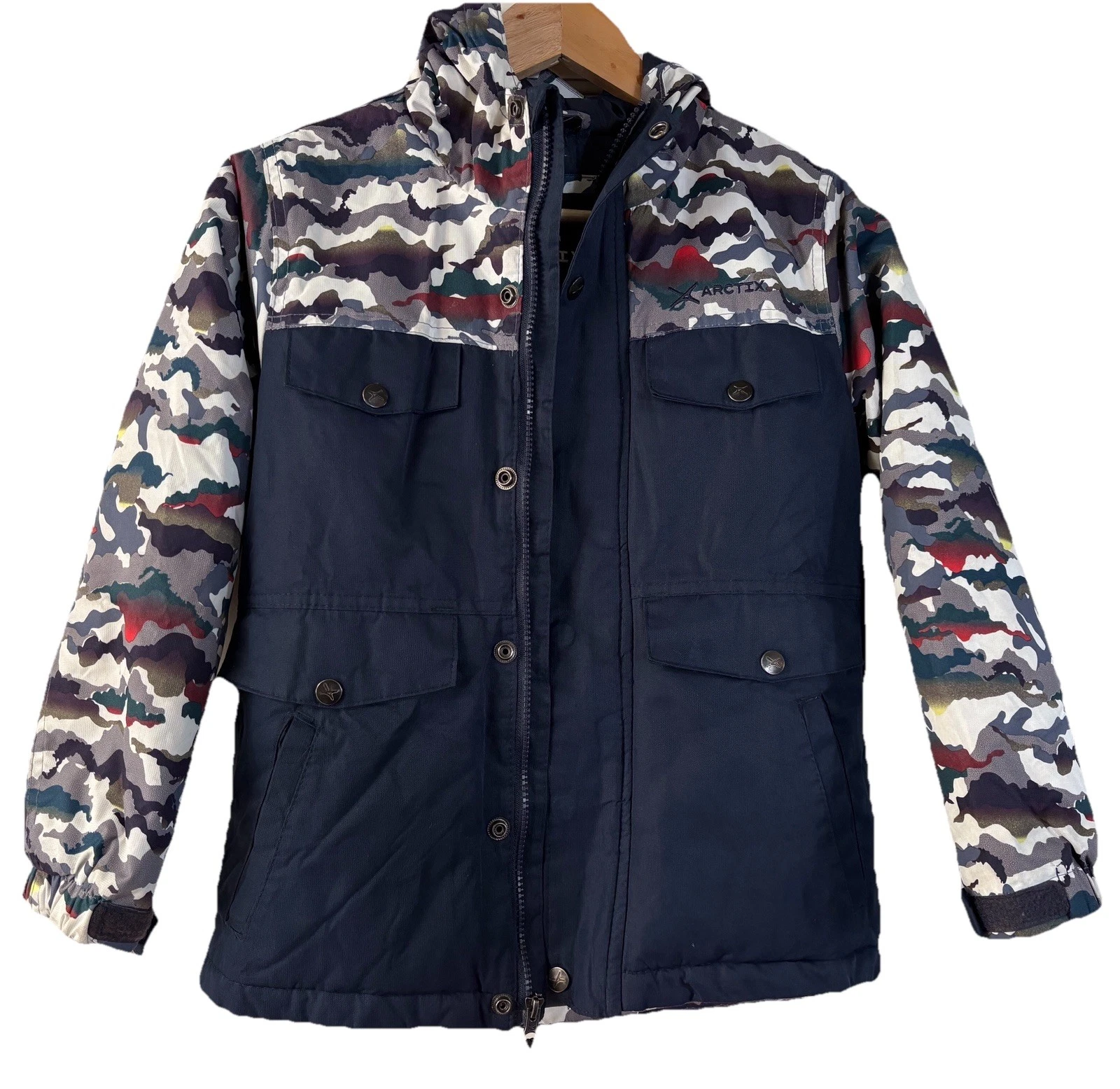 Arctix Kids Boys Snowboard Ski Jacket Hooded Navy Camouflage Sz Small, 7 Pockets