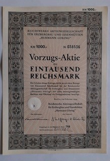 Historische Aktie Hermann Göring Reichswerke 1000 Reichsmark 1939
