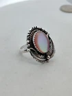 Vintage Sterling Silver "MS" Navajo Mother of Pearl Ring Size 7.5 Feather Design