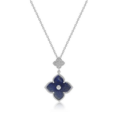 Blauer Lapislazuli doppelte Blume Anhänger Halskette Sterlingsilber 18 Zoll