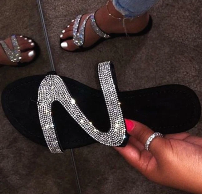 Chanclas planas de verano para mujer con estrás playa brillantes sandalias moda zapatos sexy Foto 2 de 4