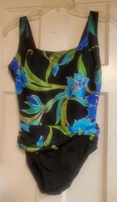 Robby Len Black Blue Green Floral Slimming 1 Piece Swimsuit Size 12 Built In BRA