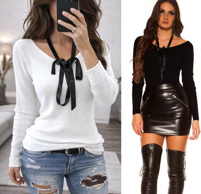 Damen Pullover Basic V-Neck  Sweater Feinripp Strick Pulli  Weiß Schw. 34 36 38
