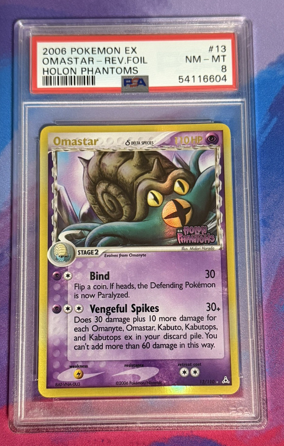 2006 POKEMON EX HOLON PHANTOMS OMASTAR-REVERSE FOIL #13 PSA 8