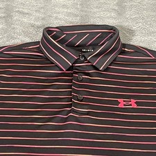 Under Armour Mens The Playoff Polo Shirt Large Black Pink Striped Loose Fit Golf
