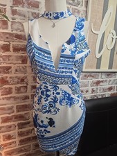 Fashion Nova Womens Dress Sz Large White Blue Floral Sleeveless Stretch Sexy