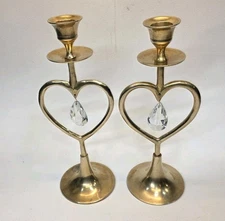 Vintage Set of 10" Brass Heart Shaped Candle Holders With Crystals 
