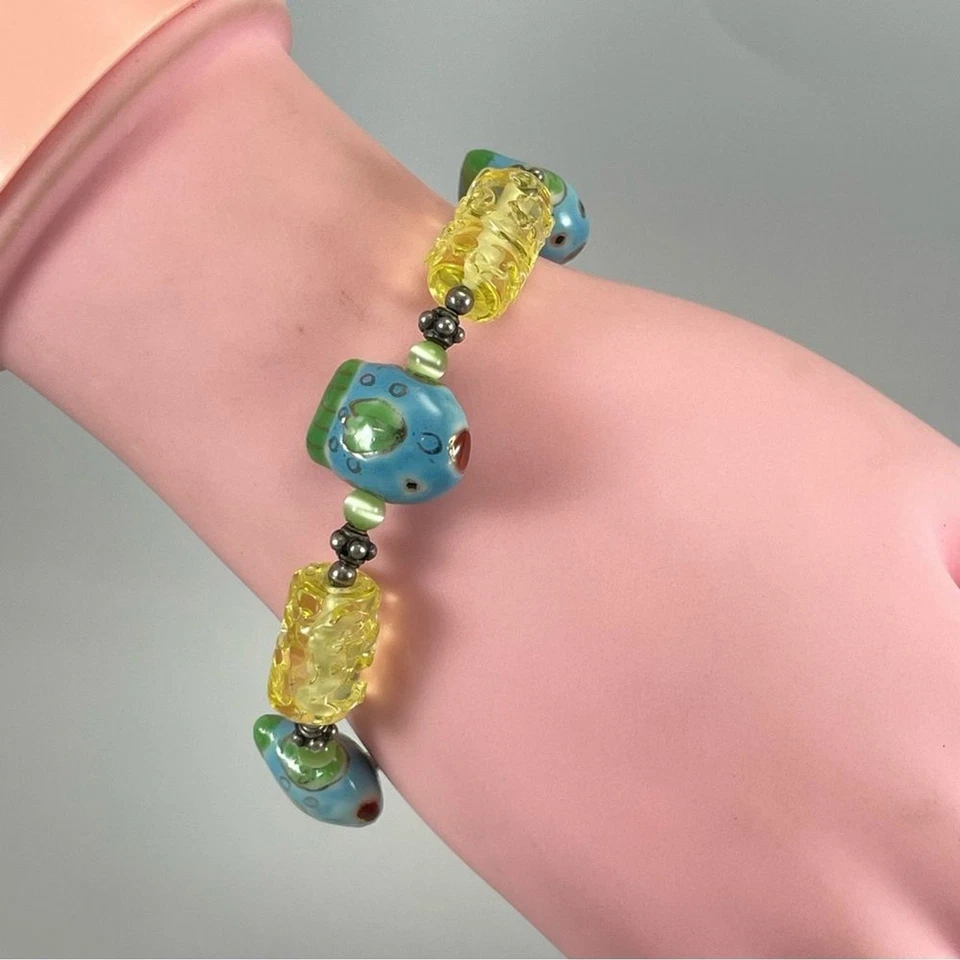 Pulsera náutica vintage Danforth peltre 1994 con cuentas de pescado de vidrio declaración Foto 2 de 4