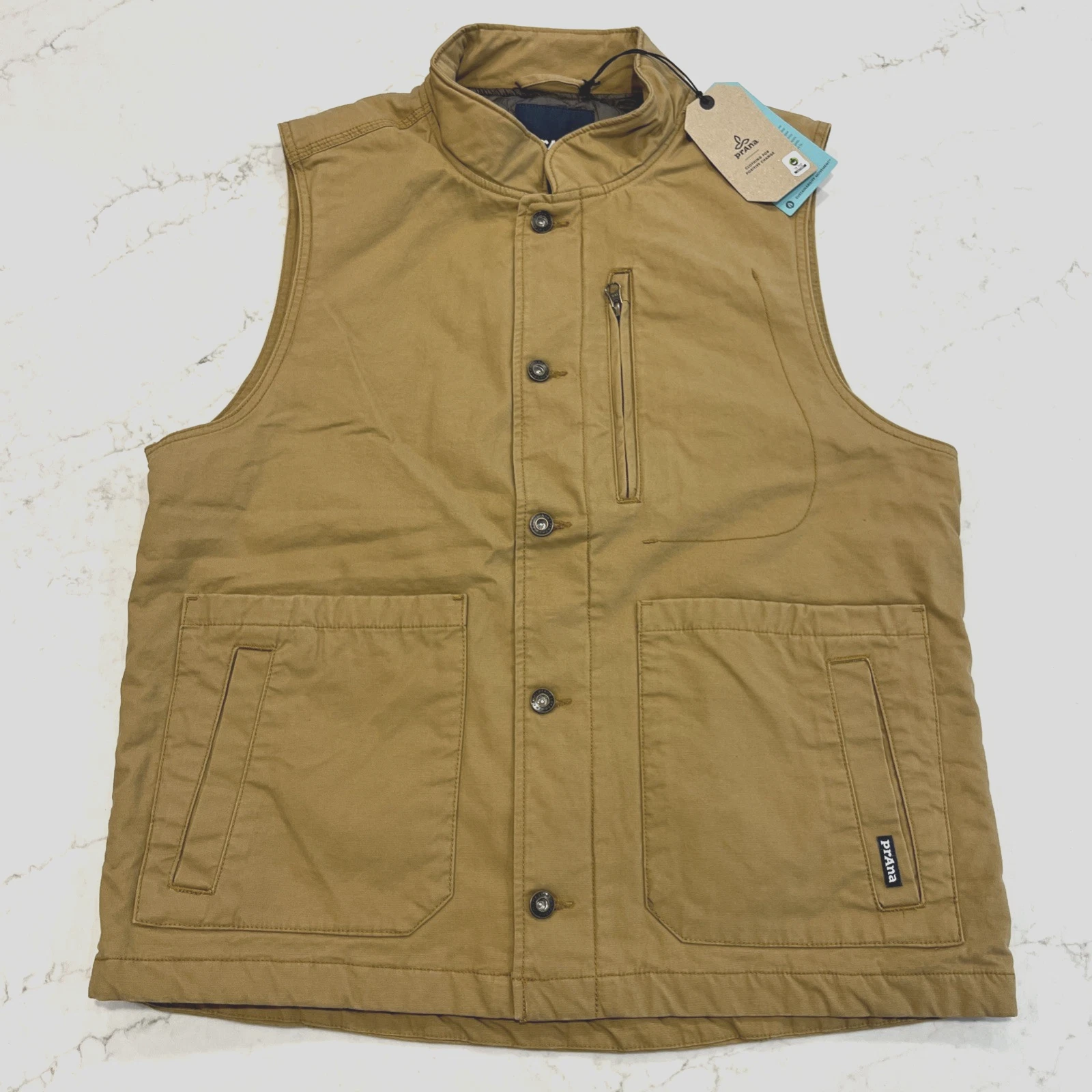 Prana NEW Large Trembly Canvas Vest Lined Button Organic Brown Gorpcore Hiking
