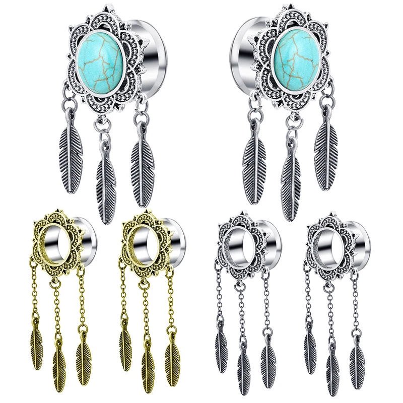 2X Flesh Tunnel Feder Sonnenblume Ohr Plug Double Flared Kette Anhänger Piercing - Bild 4 von 4