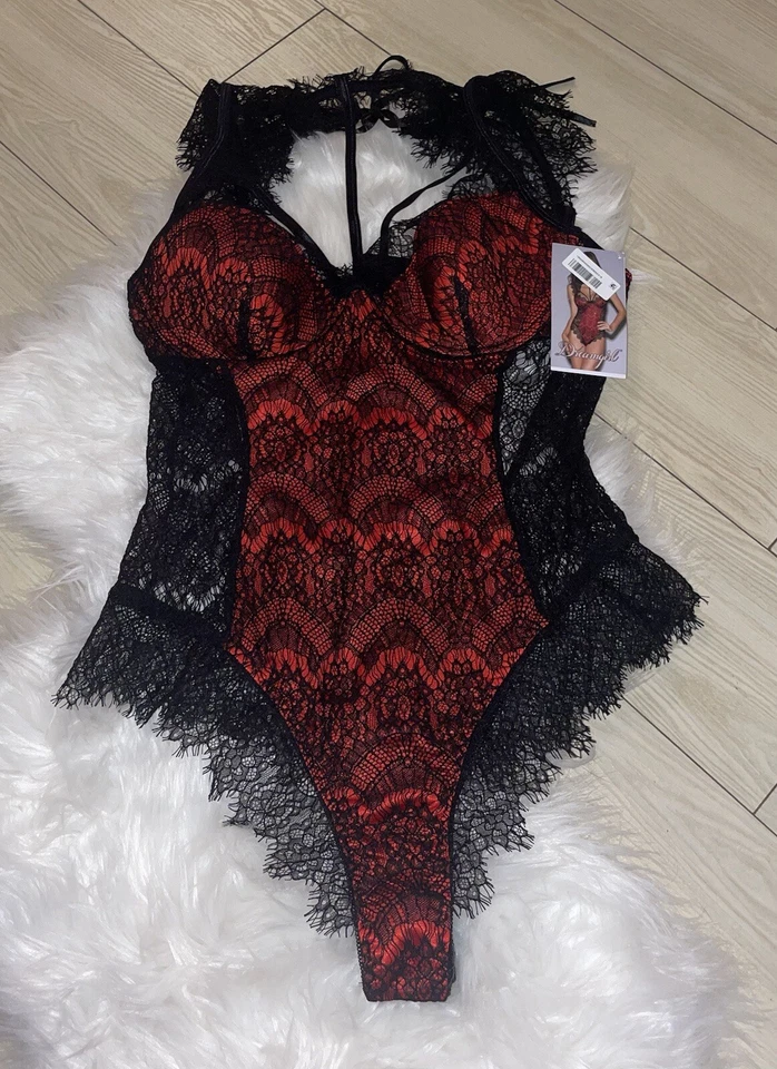 Body de peluche Dreamgirl cuello alto pestañas encaje cuello 10537 L grande rojo negro Foto 3 de 4