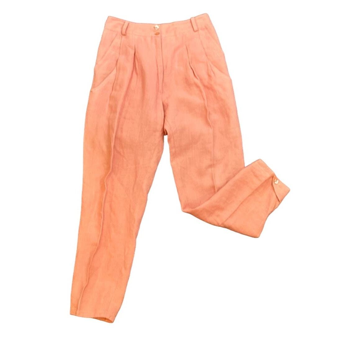 Vintage Carmell 100% Linen Pants Tapered Barrel Leg High Pleated Waist 44