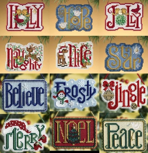 Mill Hill WINTER GREETINGS Charmed Ornaments Counted Cross Stitch Kits WORDS