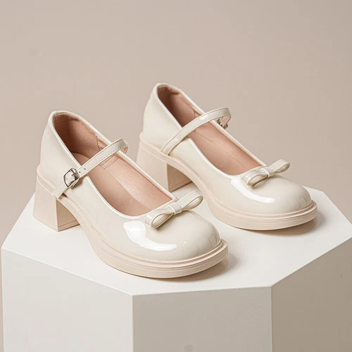 Womens Leather Bowtie Round Toe Buckle Strap Block Heel Fashion Mary Jane Shoes - Picture 16 of 30
