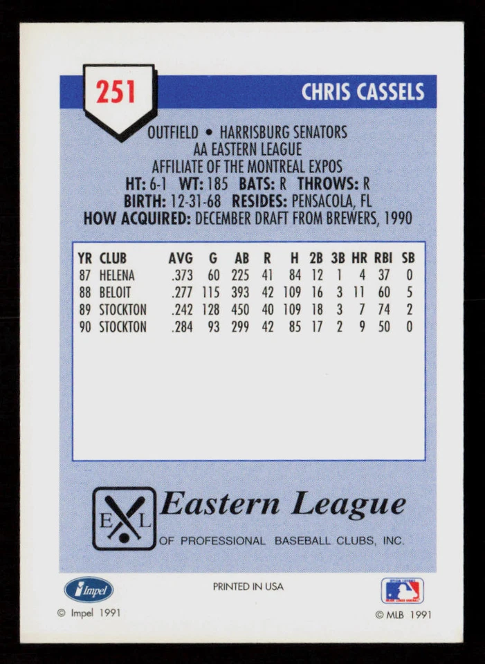 Chris Cassels 1991 Line Drive AA #251 Harrisburg Senators Baseball Card - Image 2 of 2