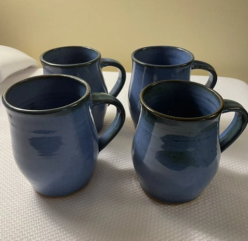Set Of 4 Pottery Coffee Mugs Hand Crafted Blue Signed/Dated Marked Set 3/6  Gift